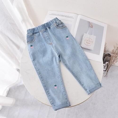 Fashion 2021 Spring Autumn Girls Kids Princess Jeans Pants Children Baby Embroidery Denim Long Pant Trousers S12284