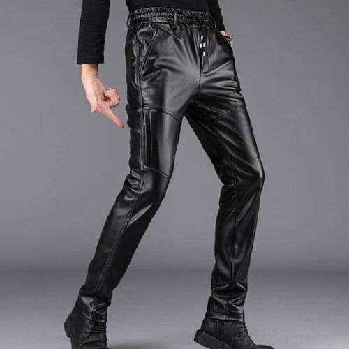 New Autumn Winter Mens Pants Fake Leather Trousers Causal Pencil Slim PU Pant Waterproof Moto&biker Trouser Haircutter pant