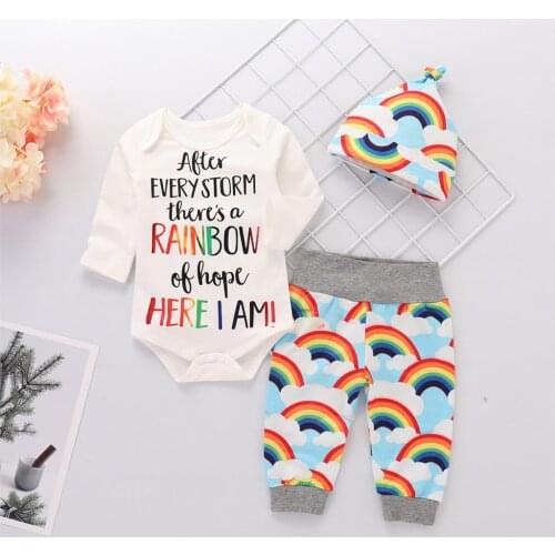 Baby Clothes For BoysGirls Newborn Baby Clothes Set 3Pcs Rainbow Print Bodysuits+Pants+Hat Long Sleeve Spring Baby Outfits