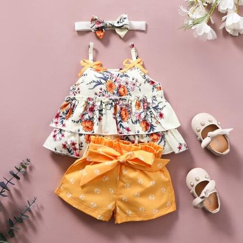 0M-6Y) Girls suit summer small fresh sleeveless floral print sling layered top + short pants + headband suit детская одежда 50