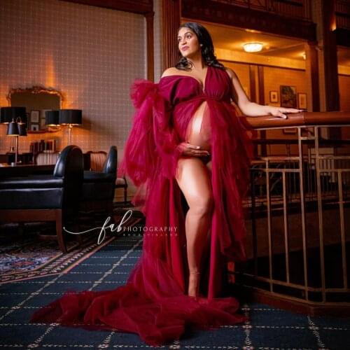 Unique One Shoulder Burgundy Tulle A-line Maternity Dresses Sexy Open Front Tiered Tulle Baby Shower Dress Photo-shoot Pregnancy