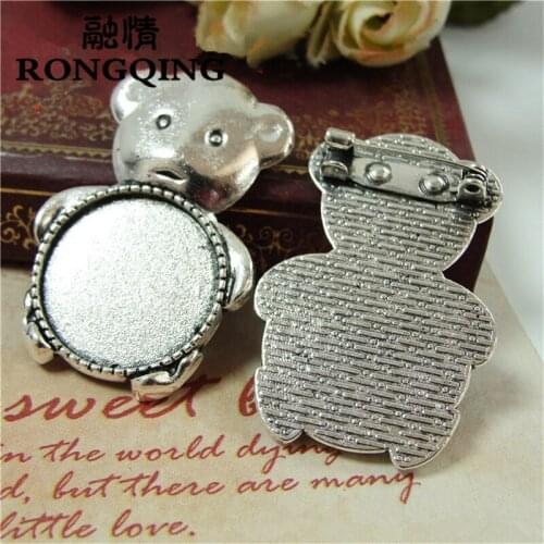 RONGQING 20pcs/lot Vintage Bear Brooch Cabochon Base in Antique Silver 20mm Cameo Settings DIY Accessories