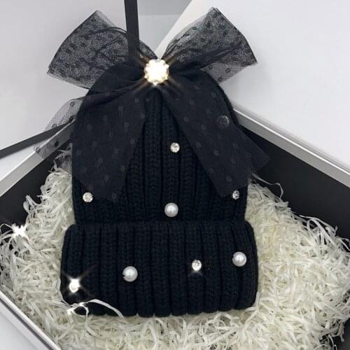 New pearl diamond lace bowknot beanies for women knitting cap female elegant sweet
