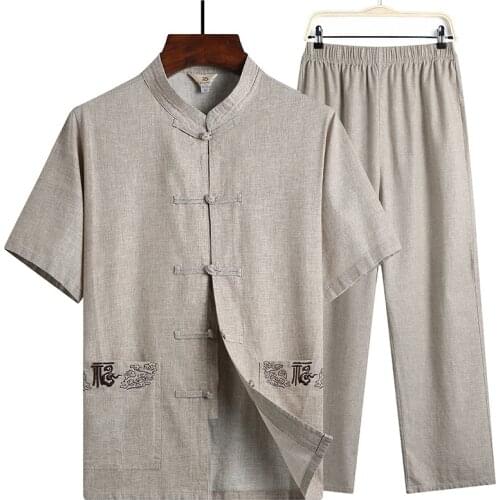 Sheng Coco Men Chinese Costume Grey Chinese Style Embroidery Traditional Suit Male Oriental Linen Costume Short Sleeve Kung Fu