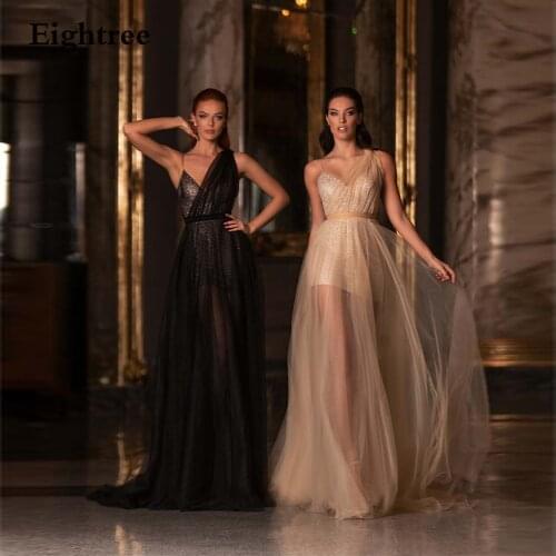 Eightree Sparkly Glitter Black A-line Long Evening Dresses One Shoulder Sweetheart Evening Gowns Floor Length Formal Party Dress