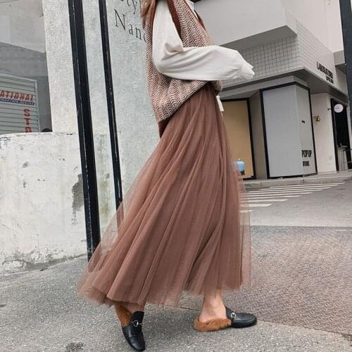 Summer Women Long Skirts Pleated Wave Solid High Waist Plus Size Spring Autumn Fashion Sexy A-line Mesh Skirt jupe femme A210