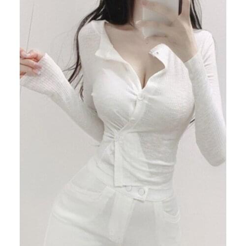 Irregular Shirt Womens Short Autumn Sumemr Bottoming T-shirt V-neck Knitted Tops Blouse Women 2021 New S396