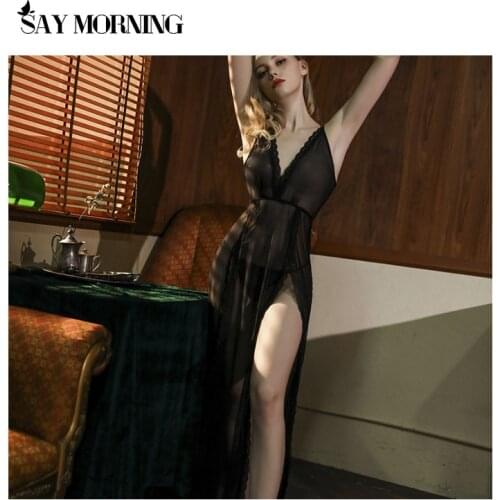 SAY MORNING Women Sexy Nightwear Backless Lace Nightgown Sleepwear Long Dress G-String Sexy Lingerie