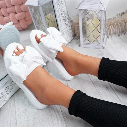Bowknot Slippers Women Sandals Slip on Sliders Peep Toe Ladies Bow Flats Casual Comfort Shoes Female Sandals Shoes Plus Size 43