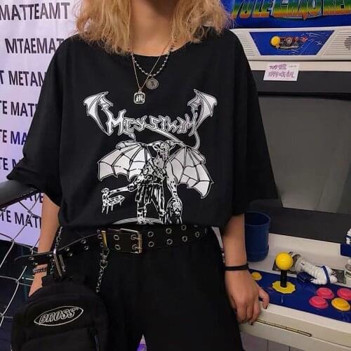 Women T-Shirts Gothic Dark Streetwear Clothes Punk Vintage Short Sleeve Harajuku Cartoon Print Tops Hip Hop Loose Black Clothes
