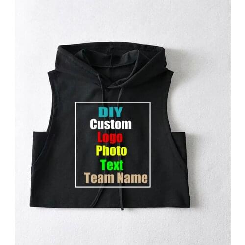Personalized custom LOGO hooded drawstring vest womens casual loose dance vest style sleeveless sweater hip-hop short T-shirt
