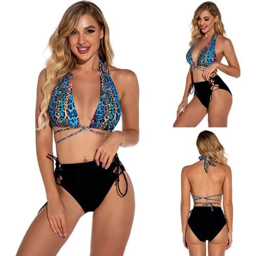 Women Sexy Deep V Neck High Waist Tether Halter Swimsuit Bikini Leopard Print