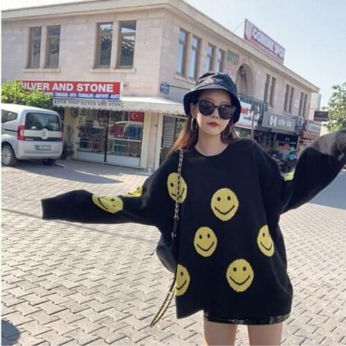 Smile Face Women Black Color Oversized Knitted Sweater O Neck Long Sleeve Loose Streetwear Winter Pullovers