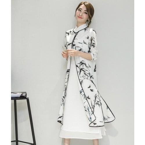 Bamboo Printing Women Elegance Cheongsam 2 PCS Female Stand Collar Qipao Dress Vintga Chinese Traditional Dresses Tang Costume