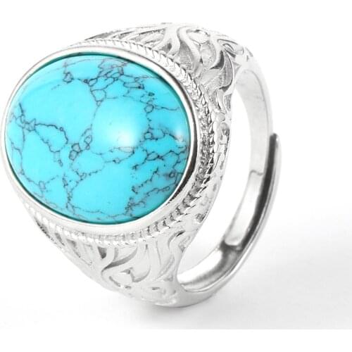 2020 New Fashion BOHO Natural Stone Oval Turquoises Onyx Crystal Rings For Men Women Vintage Silver Plated Adjustable Ring