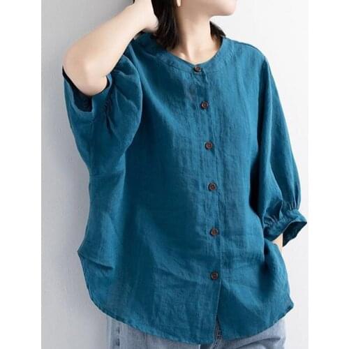 50% Dropshipping!!Shirt Button Placket Breathable Vintage Ladies Lantern Half Sleeve Blouse for Work
