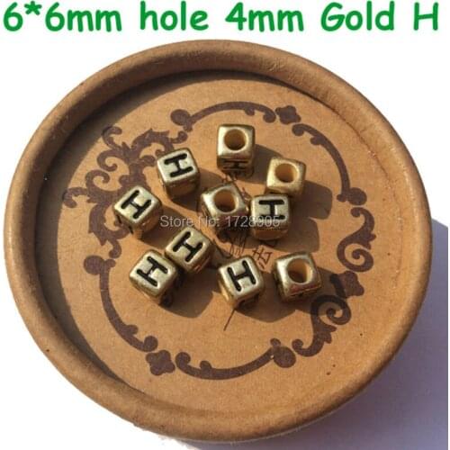 6mm 2600pcs per Lot Square Gold With Black Acrylic Single Letter "H" Cube Alphabet Beads With 4mm Hole