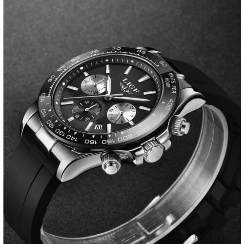 LIGE Luxury Brand Men Casual Quartz Watch Silicone Strap Military Chronograph Men 30M Waterproof Wristwatch Relogio Masculino