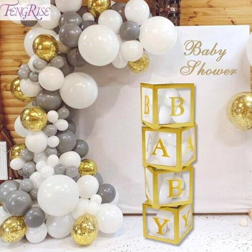 FENGRISE Boy Girl Baby Shower Decor DIY Gold Transparent Name Age Box Birthday Party Decor Kids Supplies BabyShower Christening