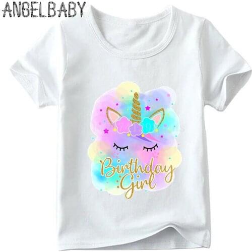 Happy Birthday Girl Unicorn Face Cartoon Print T-shirt Children Summer Short Sleeve Tops Kids Funny Present Baby T shirt,HKP5249