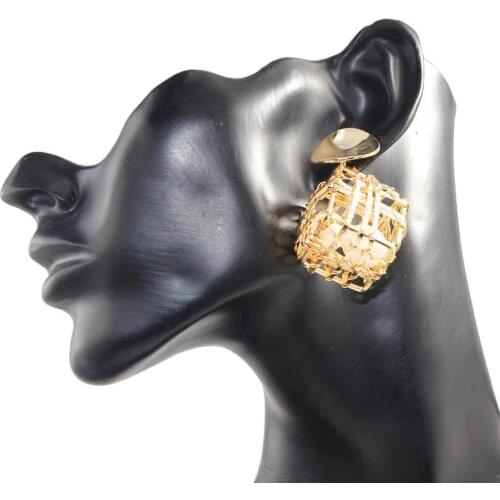 DoreenBeads Fashion Stud Earrings Gold Color Round Alloy Stud Metal Winding Cubic Cage Limited Pearl Beads Earrings,1 Pair