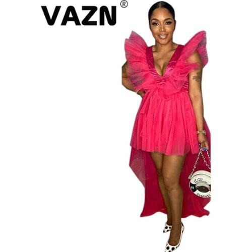 VAZN 2020 Hot Plus Size Unusual Sexy Club Elegant Solid High Waist Deep V-Neck Tank Sleeve Women Maxi Asymmetrical Maxi Dress