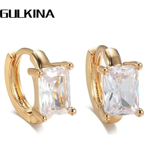 Gulkina New 585 Rose Gold Simple Hoop Earrings Square Natural Zircon Earrings For Women Engagement Wedding Jewelry Gifts
