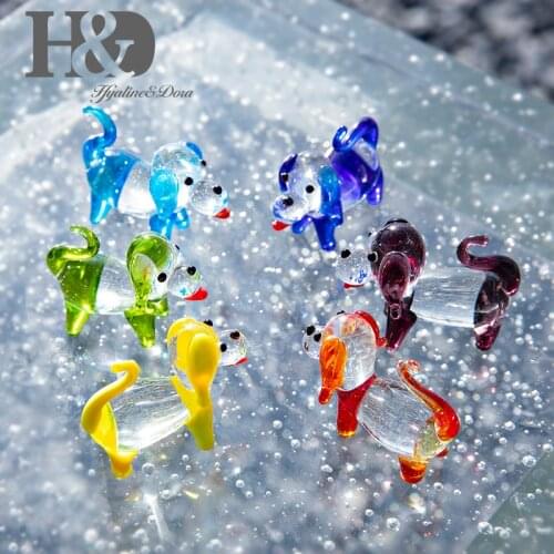 H&D 6pcs Glass Animal Figurines Hand Blown Mini Dogs Art Glass Murano Style Collectible Gifts Sculpture Home Wedding Decoration