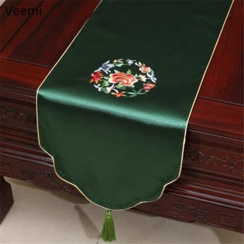 Classical Chinese Style Embroidery Flower Table Runner Silk Blackish Green Table Flag Cover Decoration for Home with Tassels