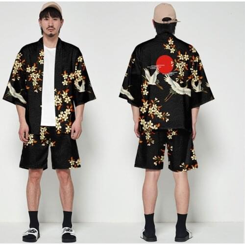 Crane Print Two Piece Suit Loose Japanese Cardigan Women Men Cosplay Yukata Clothing Harajuku Samurai Kimono + Shorts Sets