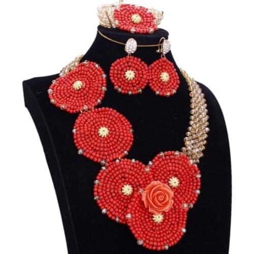 4UJewelry Women Red Jewelry Set Beaded Round African Beads Jewelry Set Nigerian Wedding 3 Colors Neckalce Earrings Bracelet Set