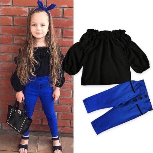 2PCS Baby Girls Clothes Sets Black Off Shoulder Long sleeve T-shirt+Pants Set Girls Causal Clothing 1-6Y
