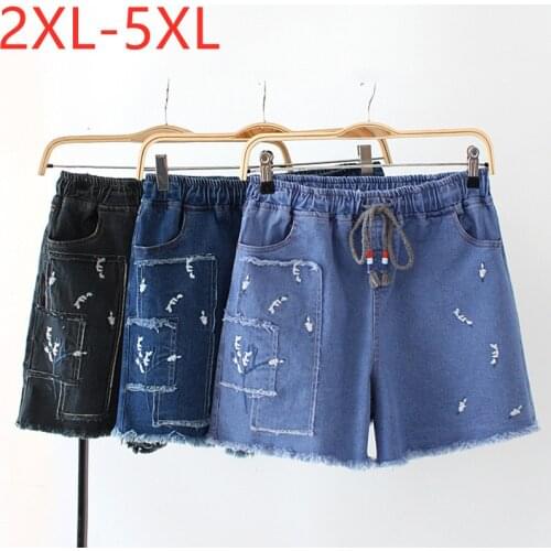 New 2021 Ladies Summer Plus Size Jeans Shorts For Women Large Slim Elastic Cotton Blue Gray Pocket Denim Shorts 2XL 3XL 4XL 5XL