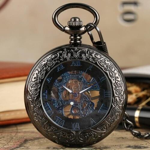 New Arrival Pendant Watches Chic Blue Roman Numbers Transparent Mechanical Hand Wind Pocket Watch Antique Fob Time Men Women