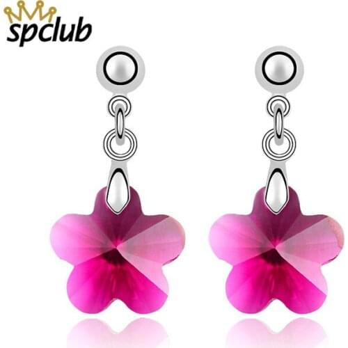 New Classic Crystal From Swarovski Romantic Plum Flower Drop Earrings Anniversary Long Dangle Earrings For Women Fashion Jewelry