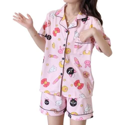 Richkeda Store New 2021 Womens Cotton Pajamas Set Turn-down Collar Pyjamas Short Sleeves Suit Soft Sleepwear Female Summer