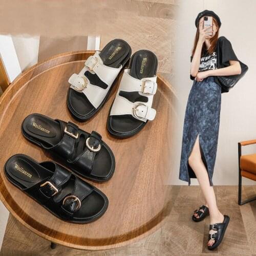 Plus Size 35-44 double metal buckle slippers women wedges summer beach shoes woman sandals flip flops thicken soled slides 2021