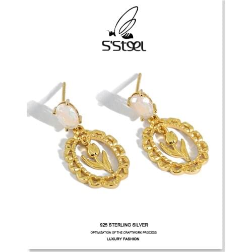 SSTEEL Korean Earrings 925 Sterling Silver Stud Earring Gift For Women Tulip Flower Gold Earings Ohrringe Silber 925 Jewellery