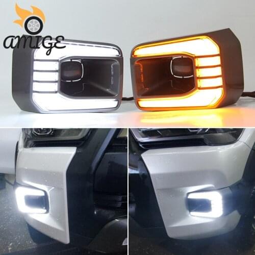 LED DRL Daylights For Toyota Hilux Revo Rocco 2020 2021 Yellow Turning Signal Auto Bulb Headlamps 12V Daytime Running Headlights