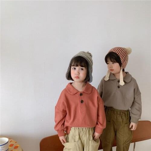 Children solid color turn-down collar sweatshirts boys girls pure cotton loose long sleeve Tops unisex kids clothes
