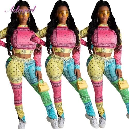 Streetwear Bandanna Paisley Classic WomenS Set Long Sleeve Crop Tops Sweatshirt Zip Slit Pants Outfit Tracksuit Matching Sets