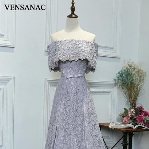 VENSANAC 2018 Vintage A Line Beadings Boat Neck Long Evening Dresses Lace Embroidery Party Bow Crystals Sash Prom Gowns