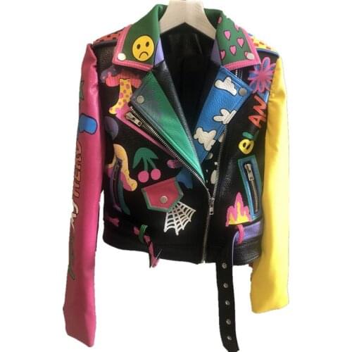 2021 Spring Autumn new fashion graffiti printing hit color pu leather jacket women motorcycle leather Slim short coat