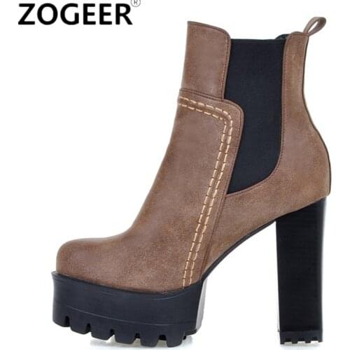 Fashion Ankle Boots For Women Round Toe Platform High Heels Boots Female Punk PU Leather Grey Brown Vintage Style Shoes Woman