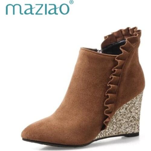 MAZIAO Women Boots High Heel Boots Winter Ruffles Wedges Ankle Boots Bling Heels Zip Pointed Toe Ladies Autumn Shoes Brown Pink