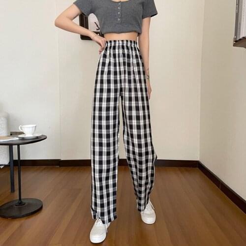Zoki Women All-match Plaid Casual Pants Korean Elastic High Waist Loose Wide-leg Pants Trousers Spring Summer Fashion New 2021