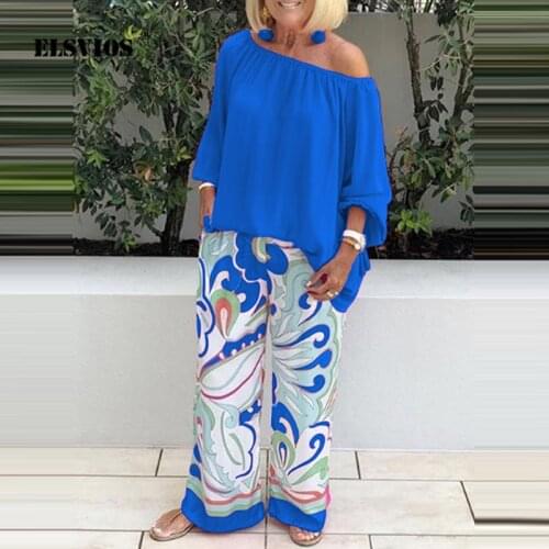 Summer Women Casual Printed Slash Neck Long Sleeves Two-piece Suit Loose T-shirt Wide Leg Pants Suit Elegant Slim Home Party Set