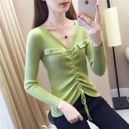 Drawstring V-Neck Long-Sleeved Knitting Womens 2021 New Spring Autumn Korean Fashion Versatile Pockets pullover Sweater Female
