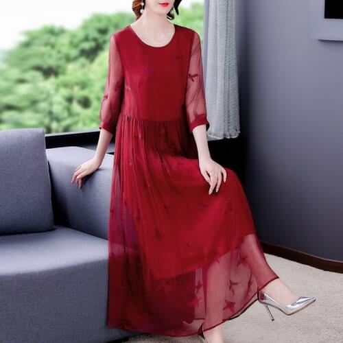 2021 Elegant Embroidery Red Mulberry Silk Maxi Dress Summer Vintage Loose 4XL Plus Size Midi Dress Women Bodycon Party Vestidos
