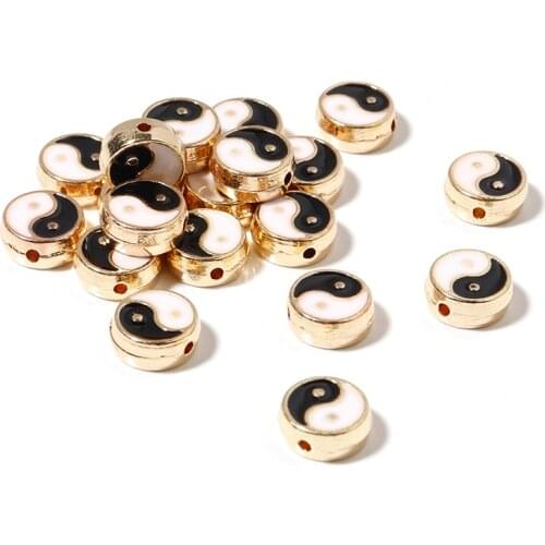 10pcs/Lot Double-Sided Drop Oil Chinese Gossip Charms Black And White Alloy Round Shape Pendant For DIY Bracelet Necklace